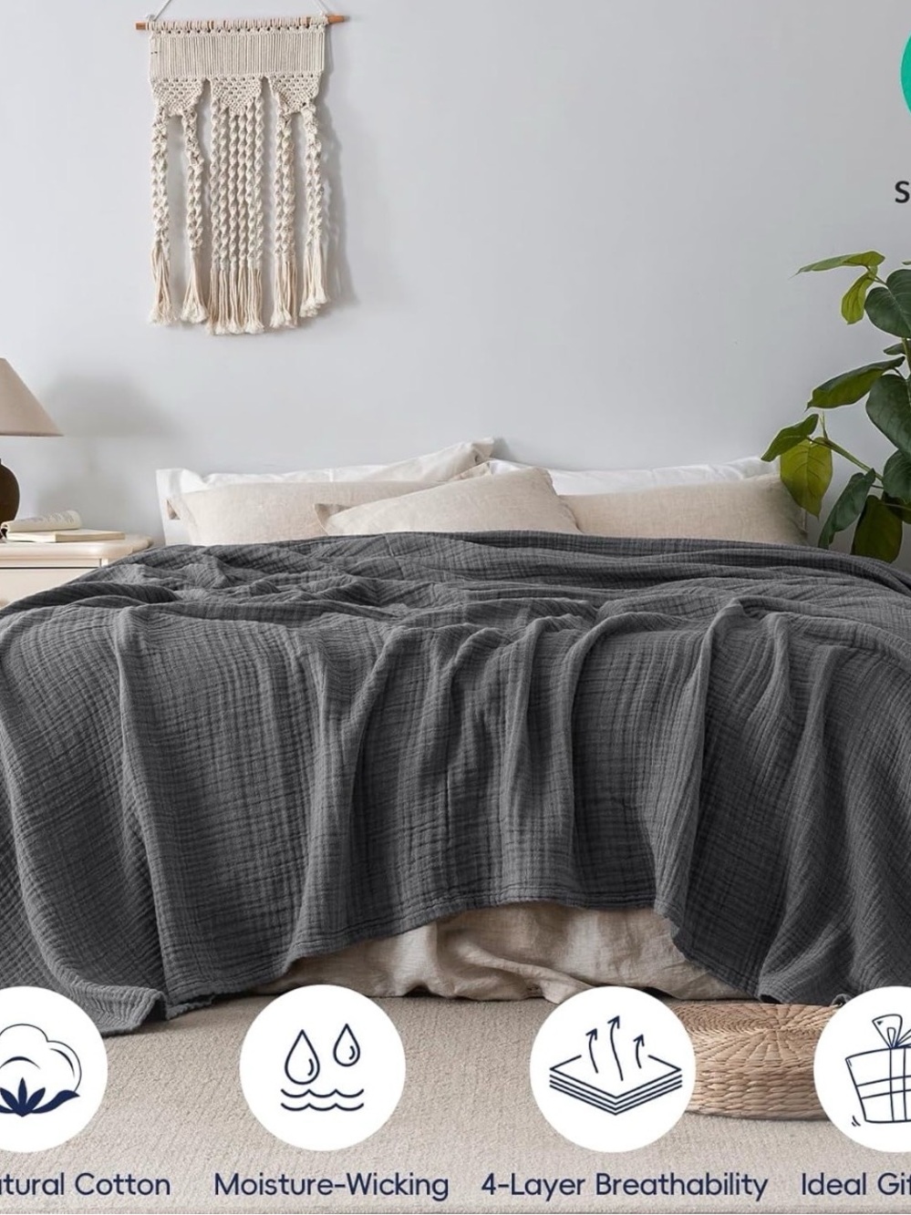 King 100% Cotton Muslin Blanket in Gray Black - Reserved for @tiffsanders18 - Picture 4 of 7